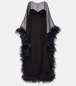 Valentino Caped feather-trimmed silk gown