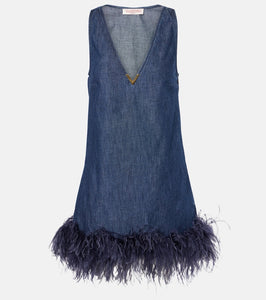 Valentino Feather-trimmed denim minidress