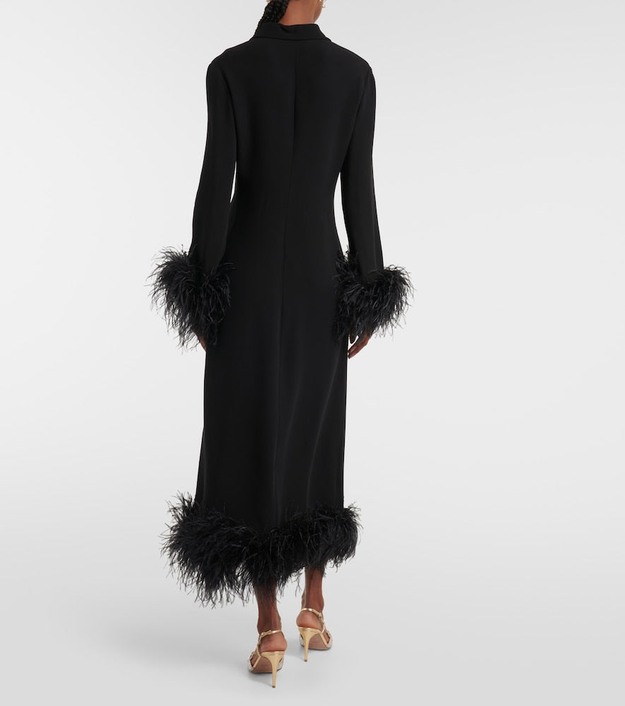 Valentino Feather-trimmed silk midi dress