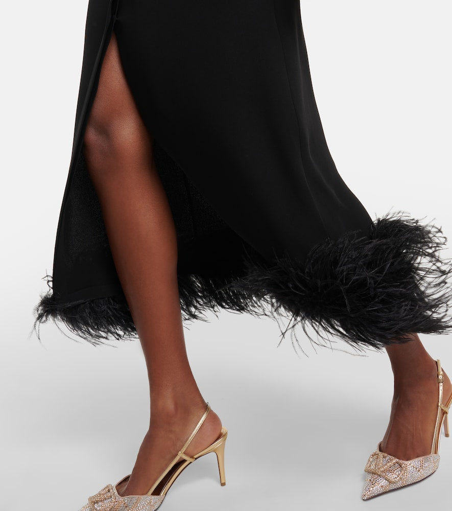 Valentino Feather-trimmed silk midi dress