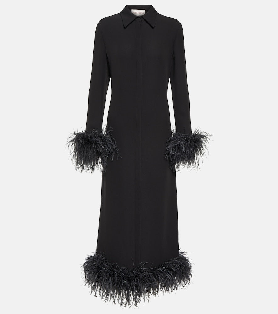 Valentino Feather-trimmed silk midi dress. Valentino 羽毛饰边真丝中长连衣裙