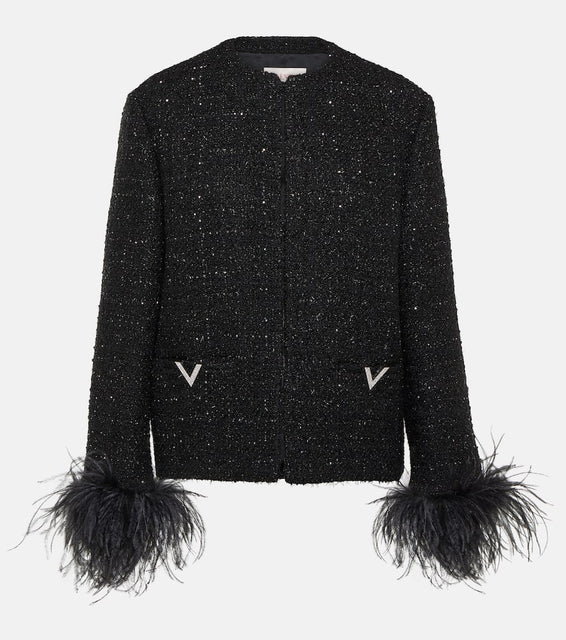 Valentino Feather-trimmed tweed jacket