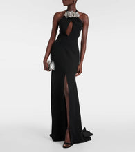 Valentino Floral-appliqué cutout front-slit gown