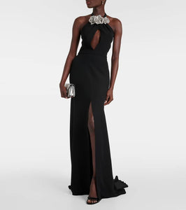 Valentino Floral-appliqué cutout front-slit gown