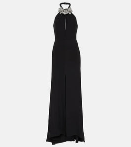 Valentino Floral-appliqué cutout front-slit gown