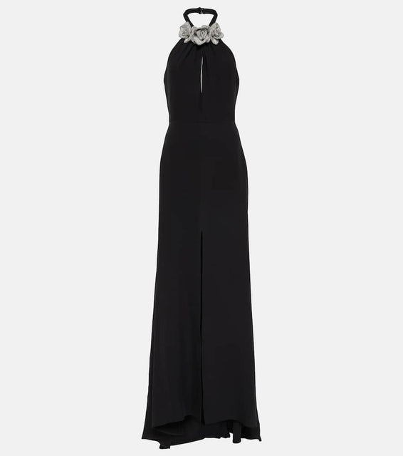 Valentino Floral-appliqué cutout front-slit gown