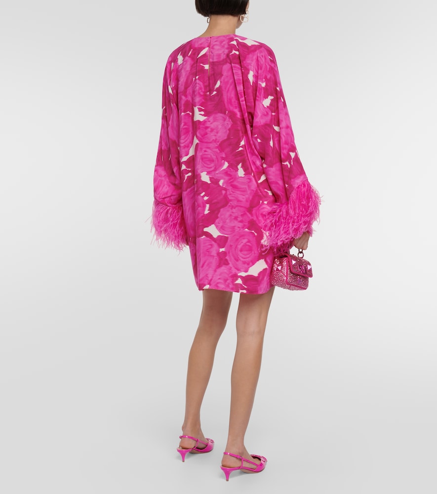 Valentino Floral feather-trimmed silk minidress