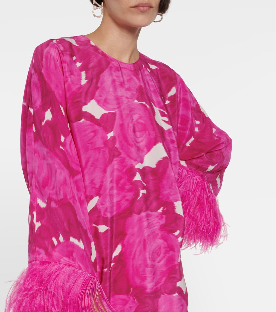 Valentino Floral feather-trimmed silk minidress