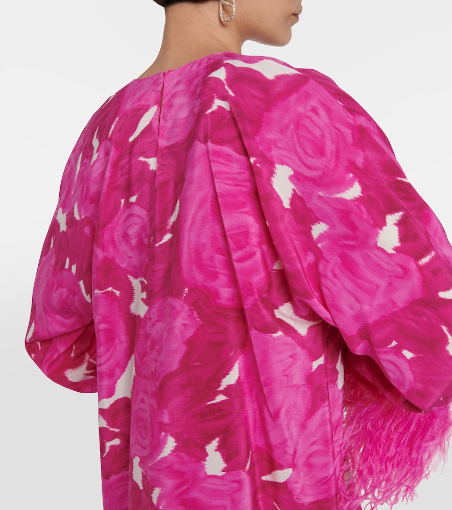 Valentino Floral feather-trimmed silk minidress