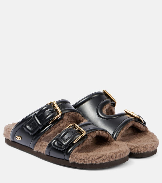 Valentino Garavani Faux fur-trimmed leather sandals