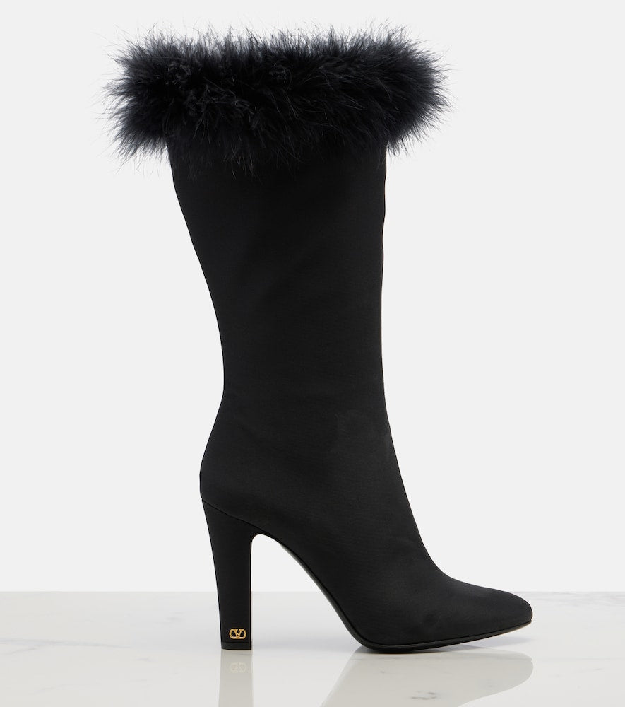 Valentino Garavani Hotty feather-trimmed satin knee-high boots