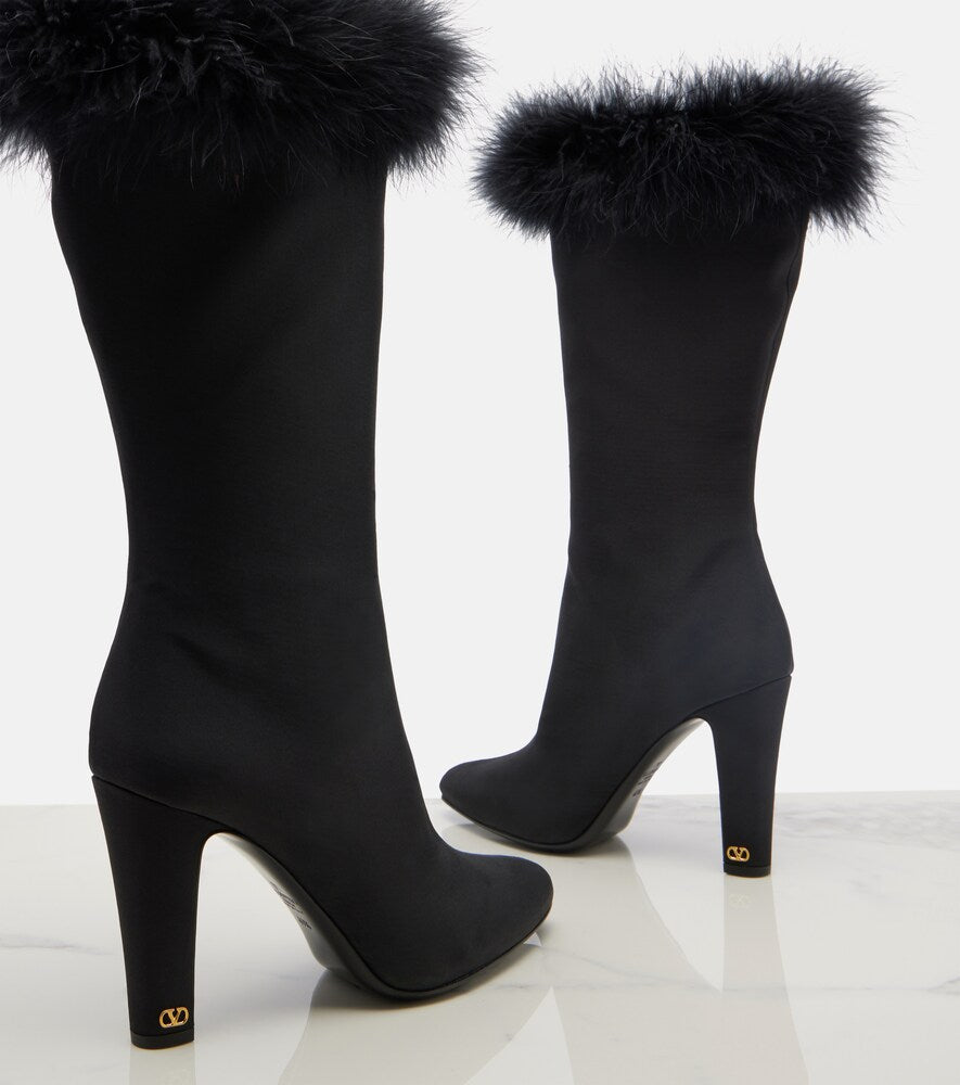 Valentino Garavani Hotty feather-trimmed satin knee-high boots