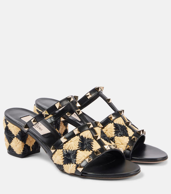 Valentino Garavani Rockstud 60 raffia-effect mules