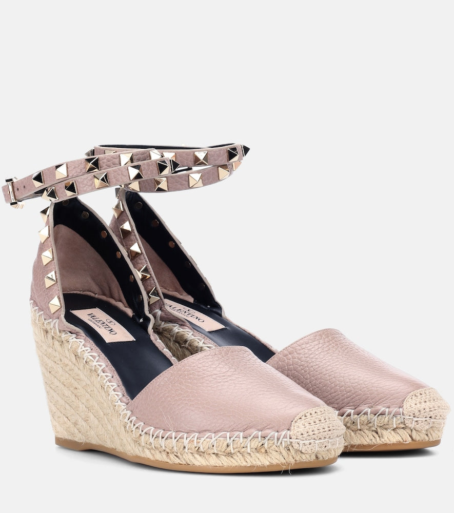 Valentino Garavani Rockstud Double leather wedge espadrilles - Valentino Garavani Rockstud 双皮坡跟草编鞋