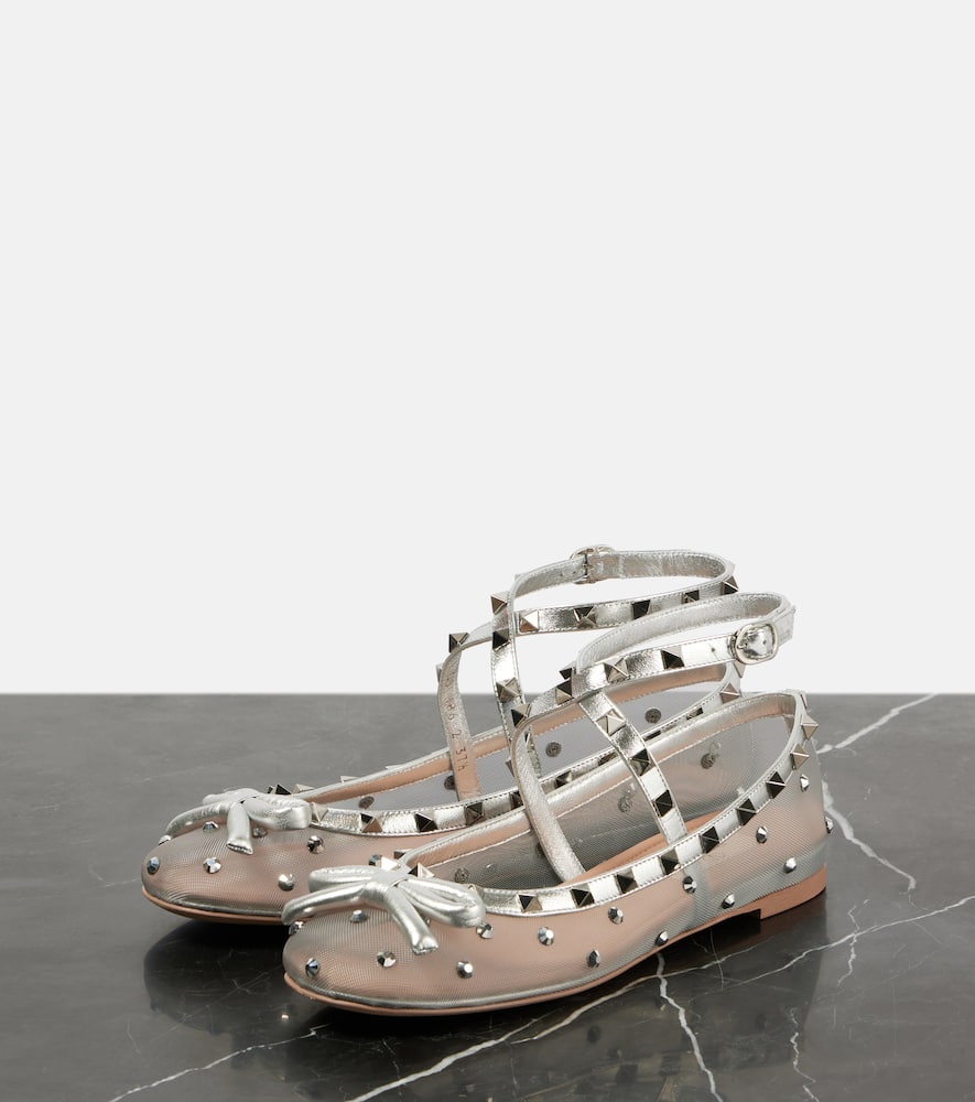 Valentino Garavani Rockstud bow-detail mesh ballet flats