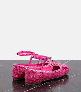 Valentino Garavani Rockstud leather-trimmed boucl√É¬© ballet flats