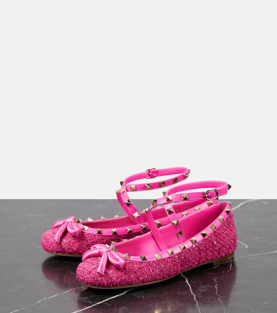 Valentino Garavani Rockstud leather-trimmed boucl√É¬© ballet flats