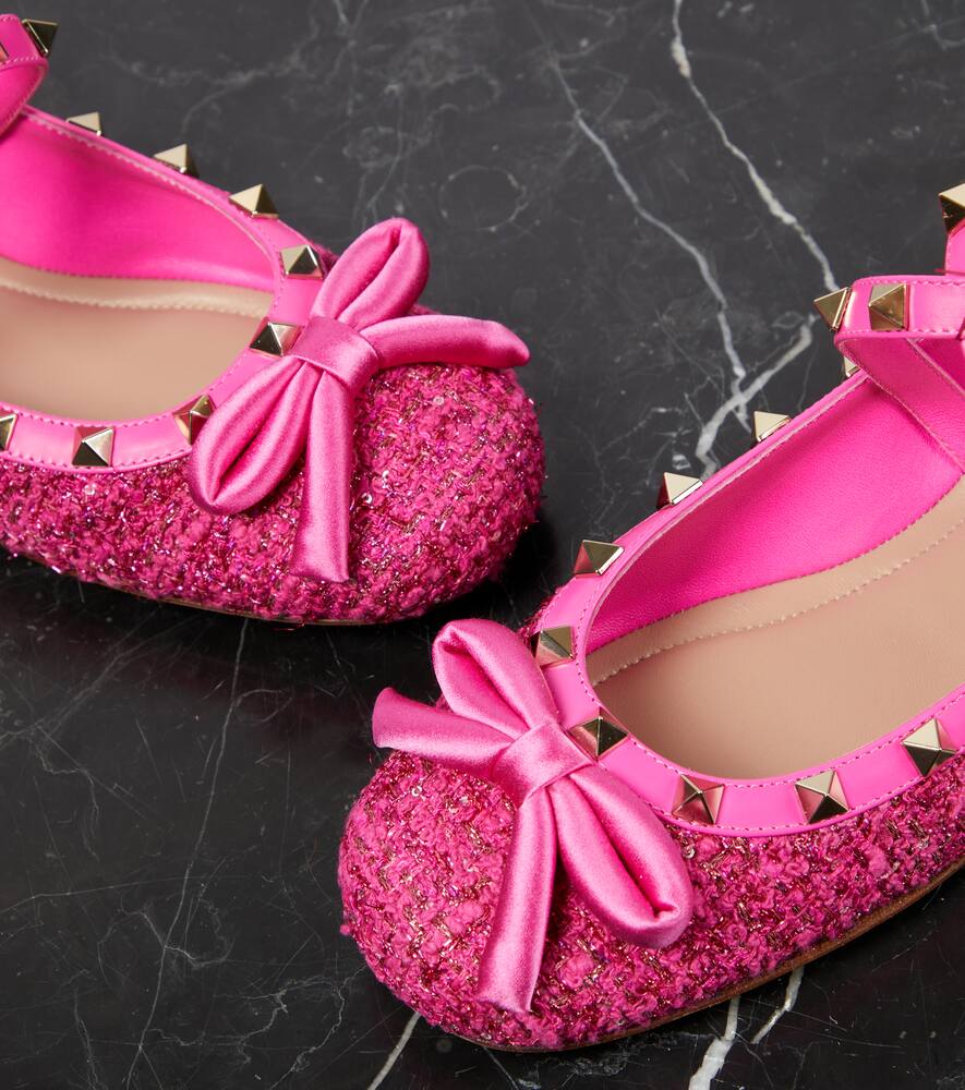 Valentino Garavani Rockstud leather-trimmed boucl√É¬© ballet flats