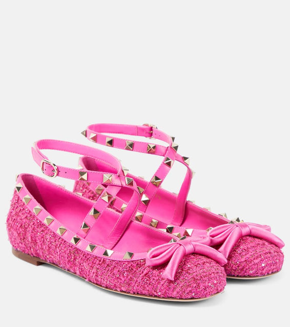 Valentino Garavani Rockstud leather-trimmed boucl√É¬© ballet flats