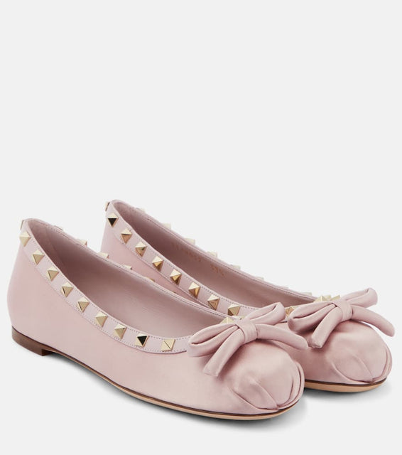 Valentino Garavani Rockstud leather-trimmed satin ballet flats