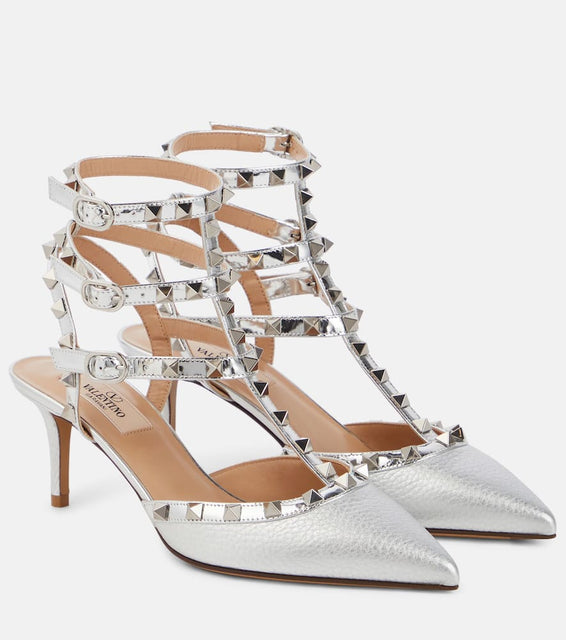 Valentino Garavani Rockstud metallic leather slingback pumps