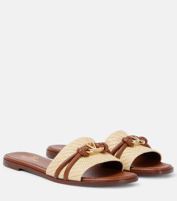 Valentino Garavani VLogo raffia-trimmed leather slides