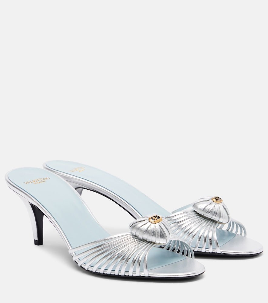 Valentino Garavani Coeur Royal metallic leather mules in Silver - Mid Heel Sandals