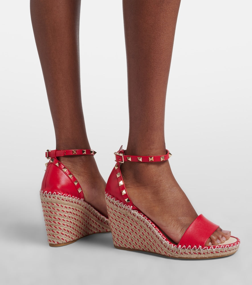 Valentino Garavani Double Rockstud leather espadrille wedges (Red) - High Espadrilles