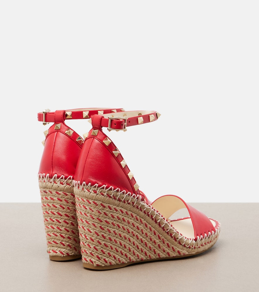 Valentino Garavani Double Rockstud leather espadrille wedges (Red) - High Espadrilles