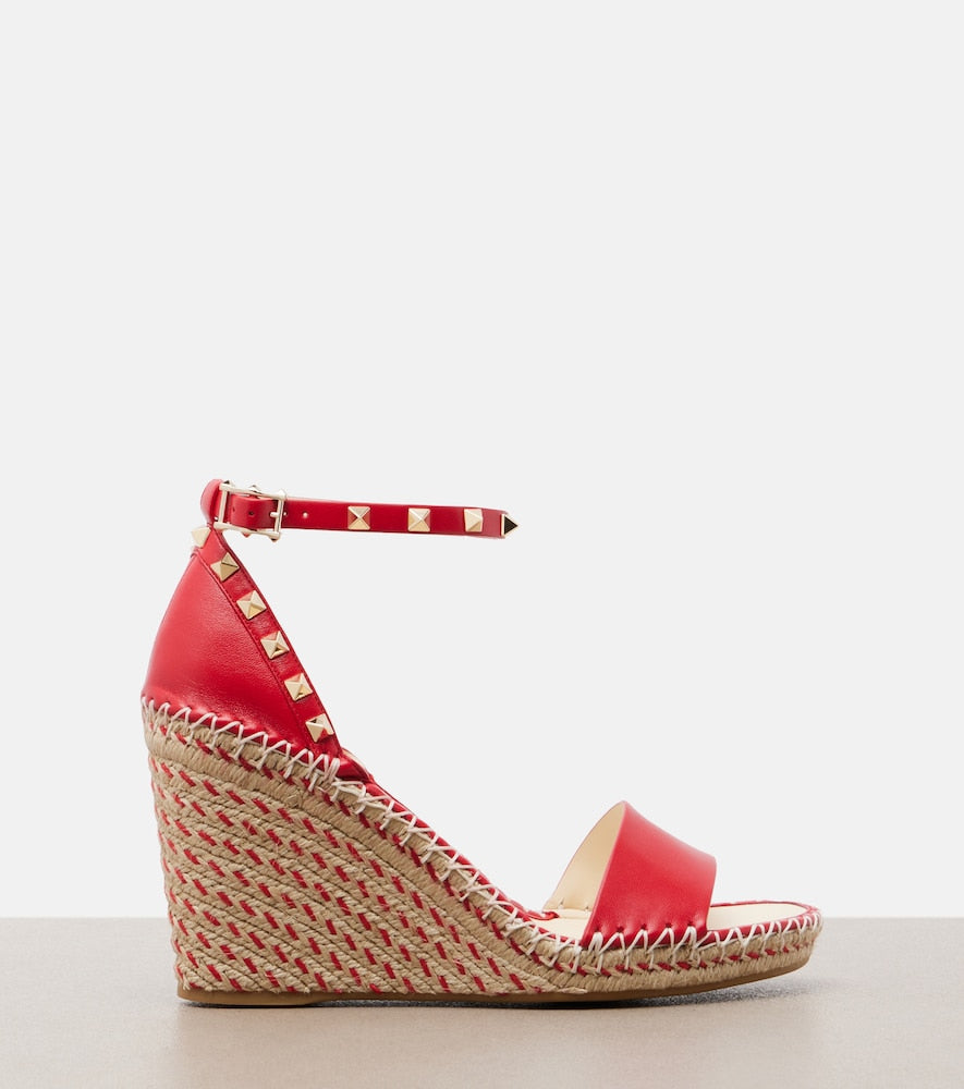 Valentino Garavani Double Rockstud leather espadrille wedges (Red) - High Espadrilles