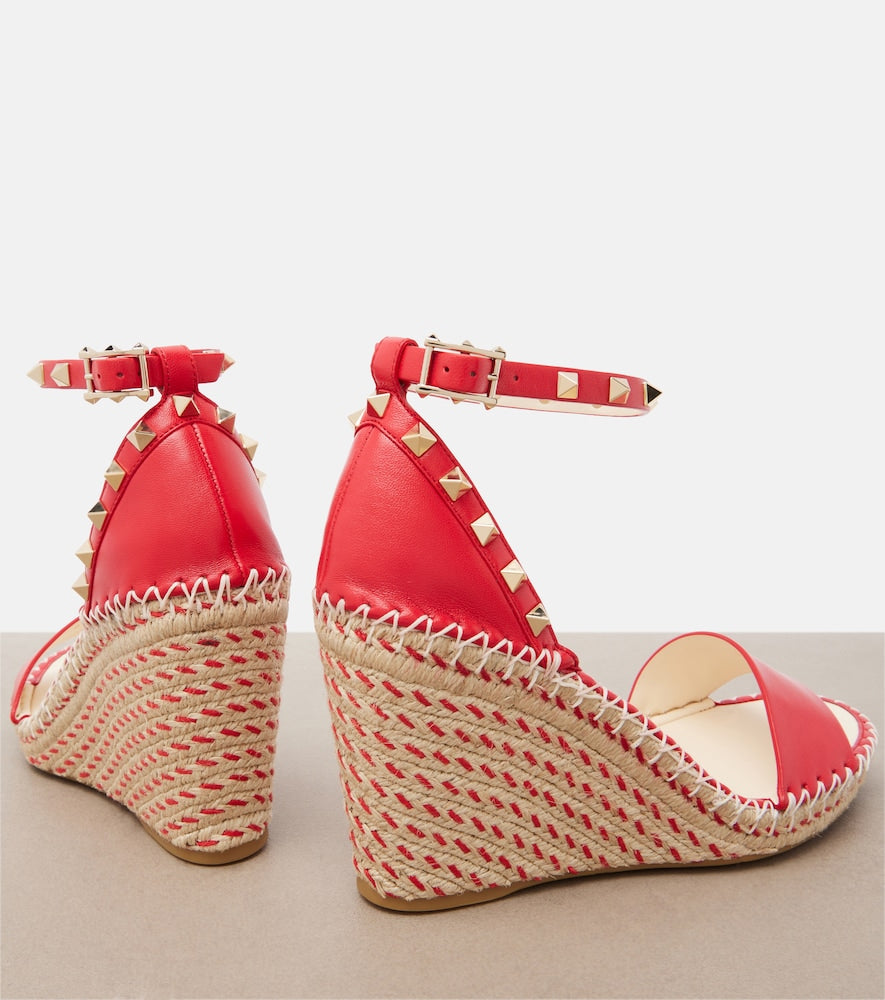 Valentino Garavani Double Rockstud leather espadrille wedges (Red) - High Espadrilles