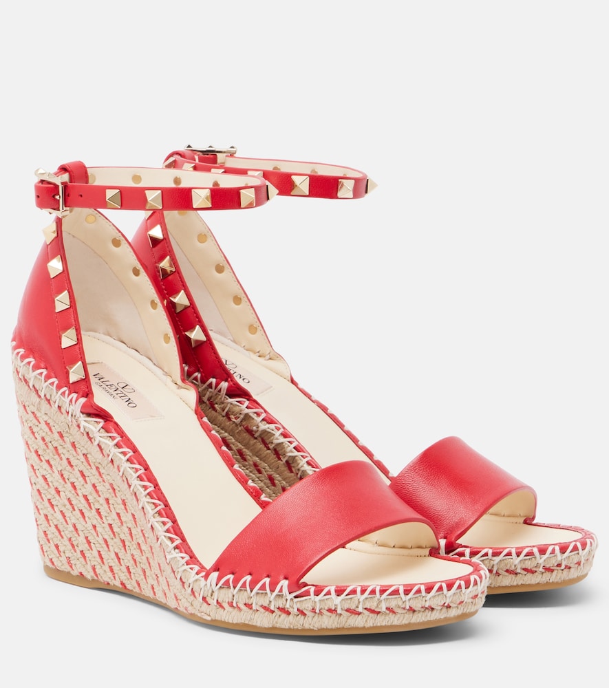 Valentino Garavani Double Rockstud leather espadrille wedges (Red) - High Espadrilles