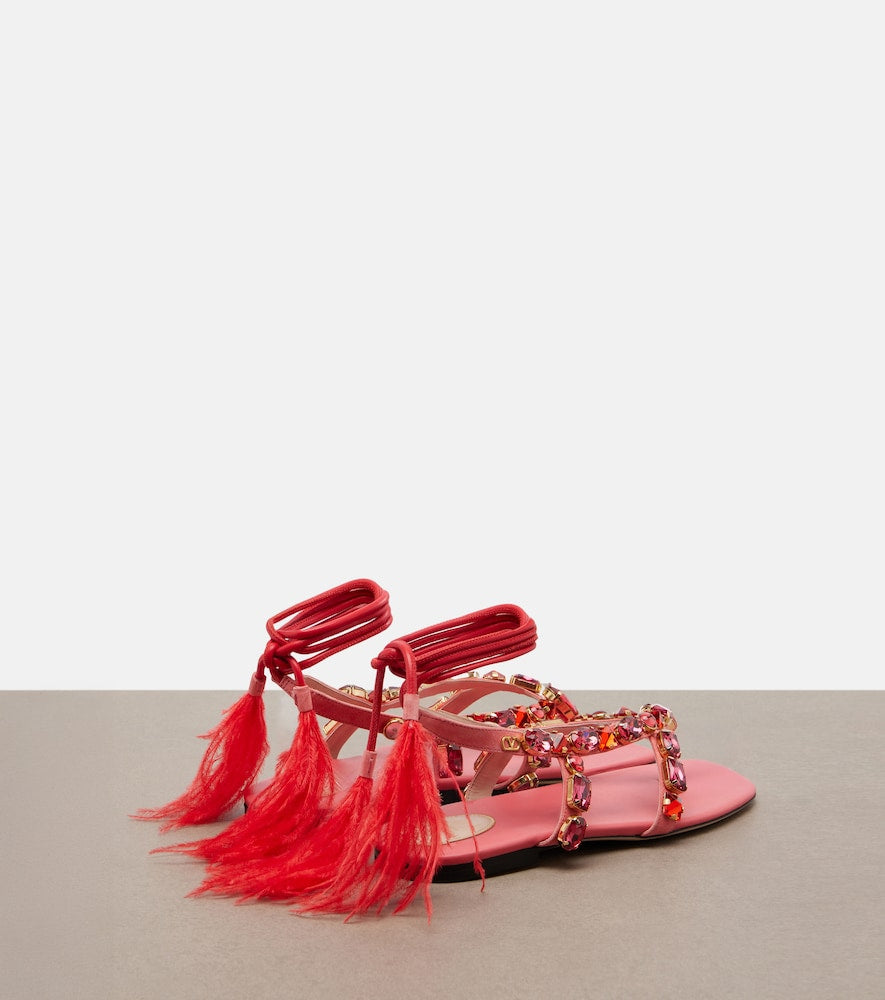 Pink Valentino Garavani Embellished suede thong sandals - Flat Sandals
