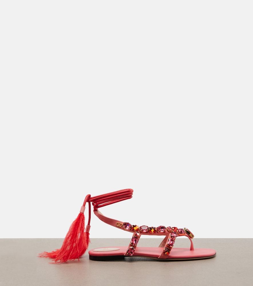 Pink Valentino Garavani Embellished suede thong sandals - Flat Sandals