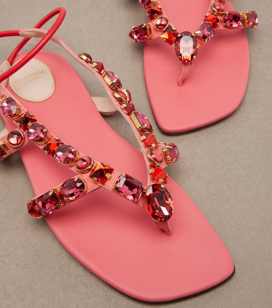 Pink Valentino Garavani Embellished suede thong sandals - Flat Sandals