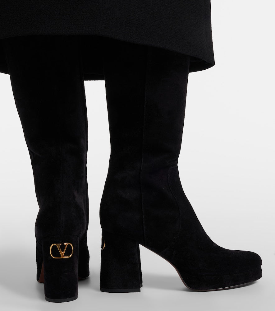 Valentino Garavani Fawcette VLogo suede knee-high boots in Black - High Heels