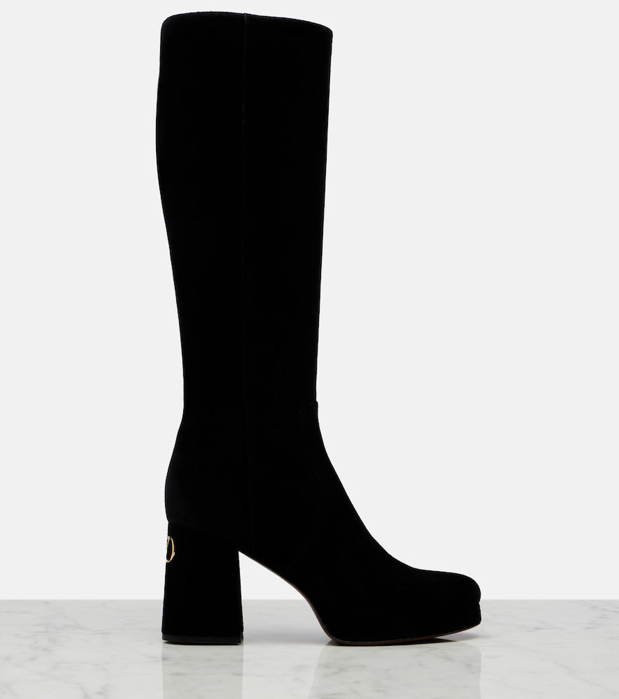 Valentino Garavani Fawcette VLogo suede knee-high boots in Black - High Heels