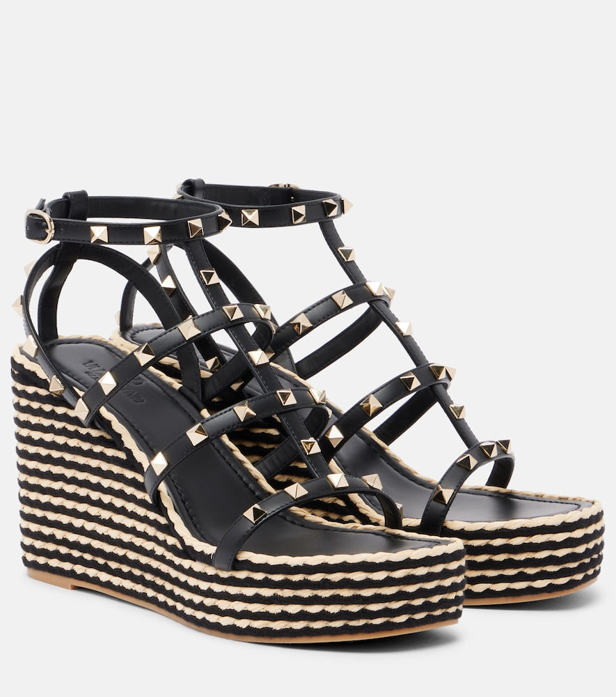 Valentino Garavani Rockstud leather espadrille wedges - Black High Espadrilles
