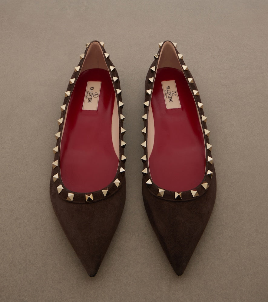 Brown Valentino Garavani Rockstud suede ballet flats - Ballerina Flats