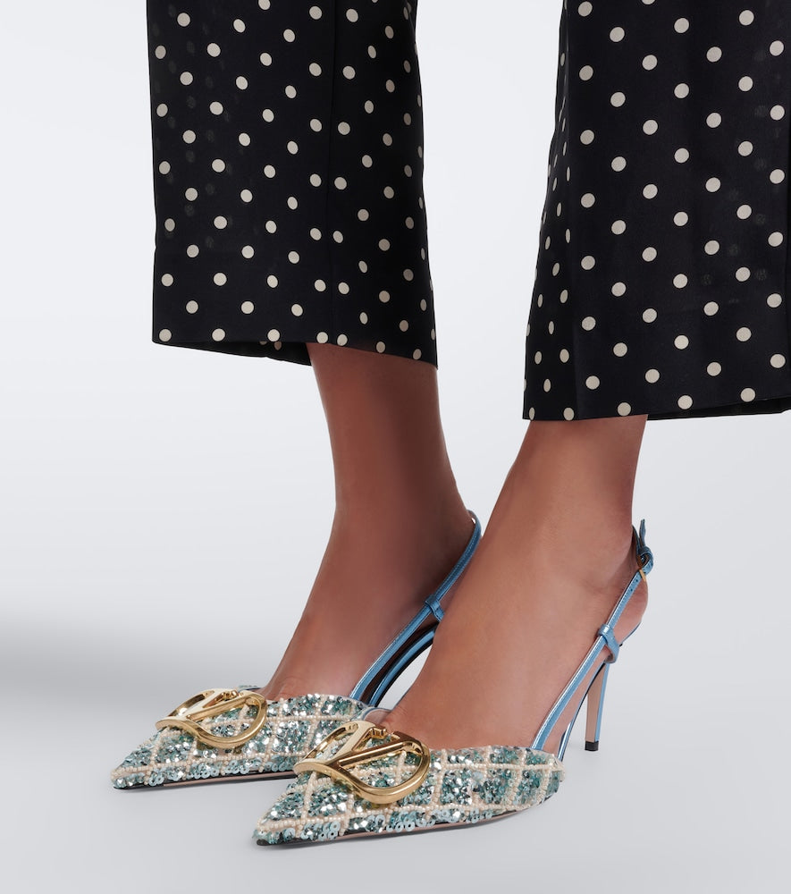 Valentino Garavani VLogo Signature sequined slingback pumps (Blue) - Mid Heel Pumps
