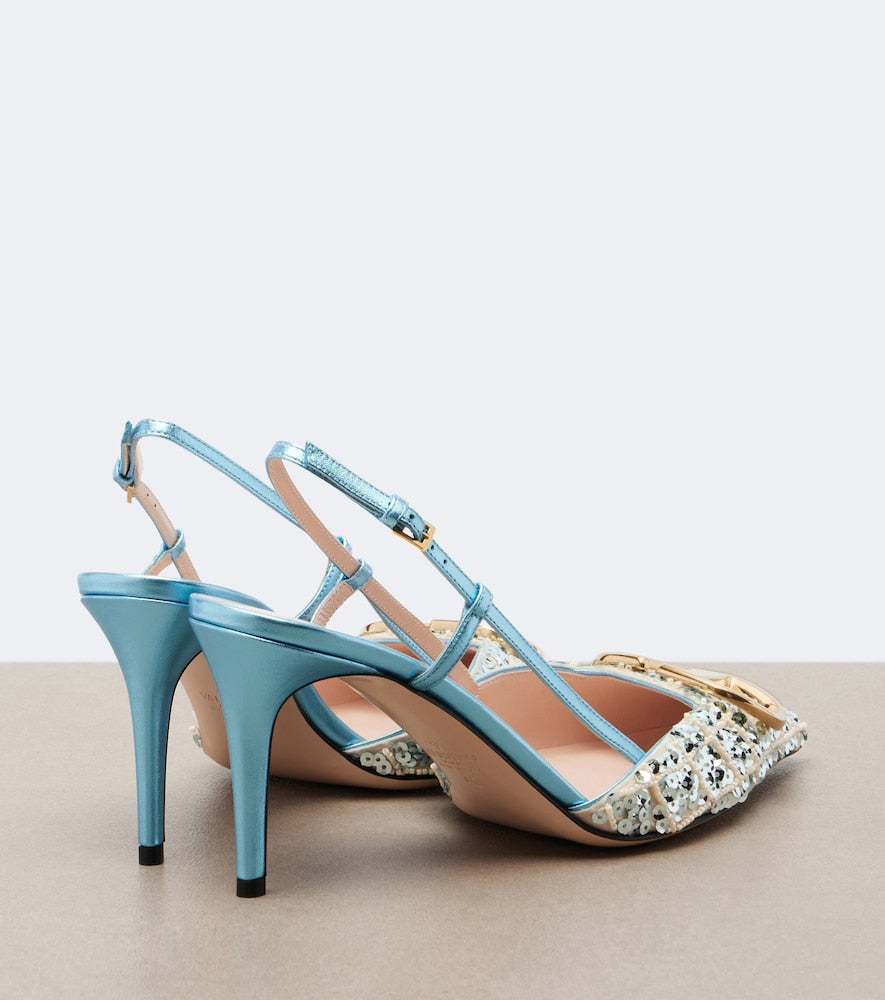 Valentino Garavani VLogo Signature sequined slingback pumps (Blue) - Mid Heel Pumps