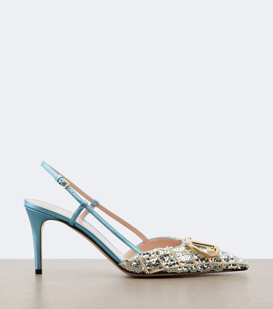 Valentino Garavani VLogo Signature sequined slingback pumps (Blue) - Mid Heel Pumps