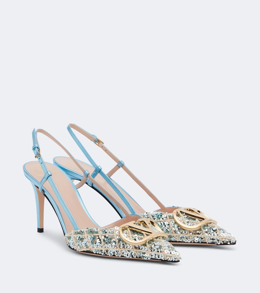 Valentino Garavani VLogo Signature sequined slingback pumps (Blue) - Mid Heel Pumps