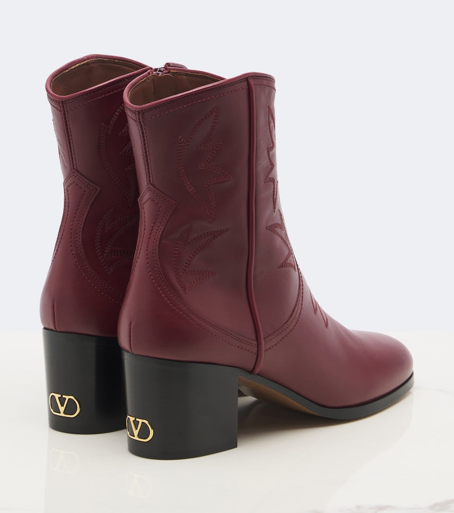 Valentino Garavani VLogo embroidered leather cowboy boots - Burgundy Mid Heels