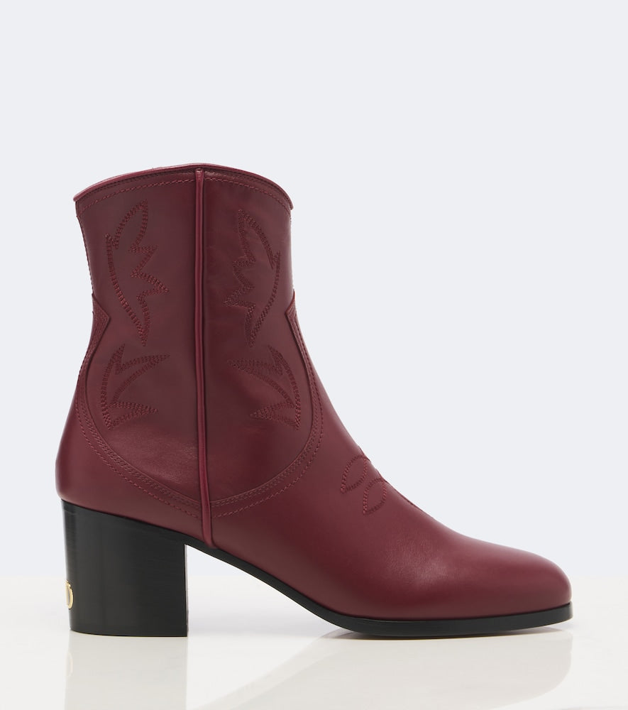 Valentino Garavani VLogo embroidered leather cowboy boots - Burgundy Mid Heels