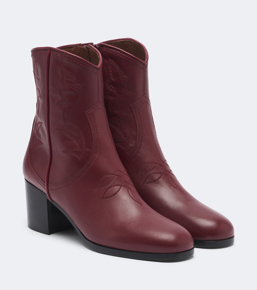 Valentino Garavani VLogo embroidered leather cowboy boots - Burgundy Mid Heels