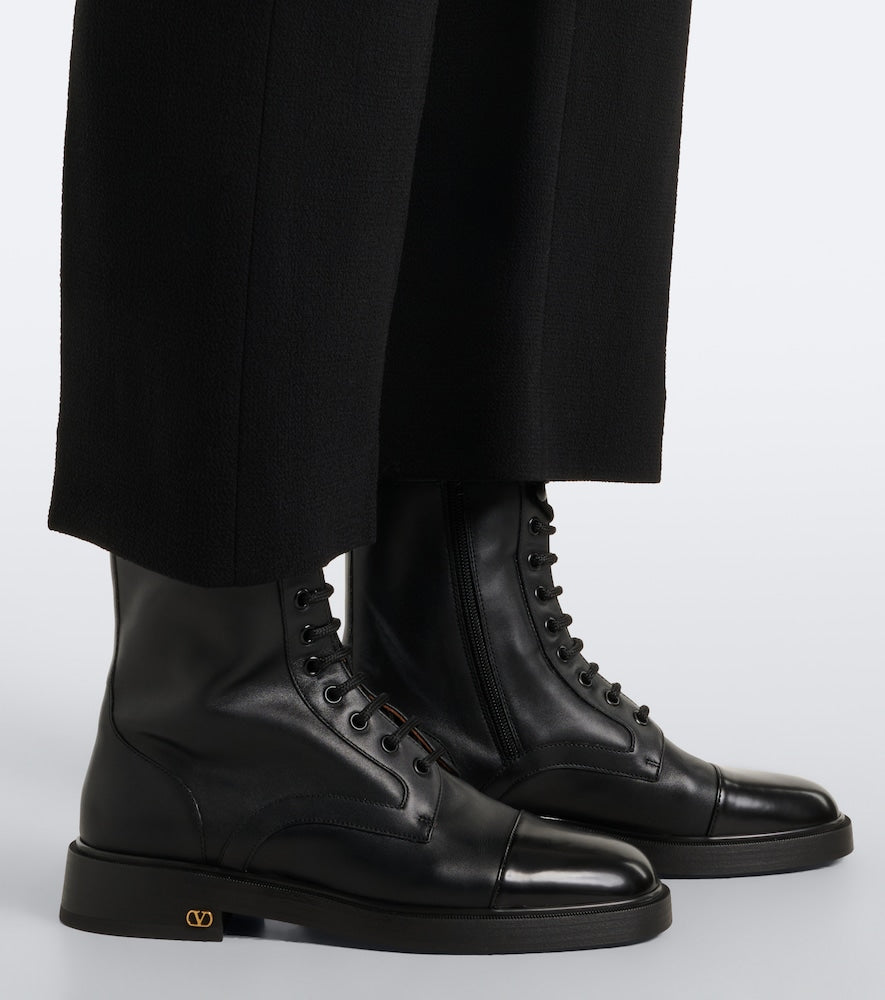 Black Valentino Garavani VLogo lace-up leather combat boots - Flat Boots
