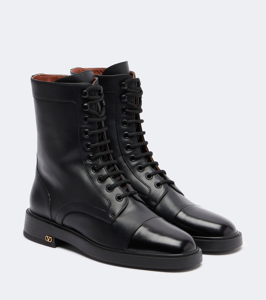 Black Valentino Garavani VLogo lace-up leather combat boots - Flat Boots