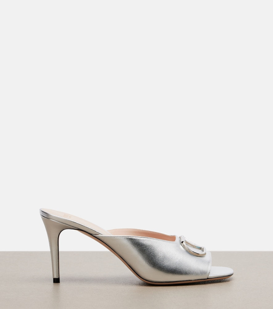 Valentino Garavani VLogo metallic leather mules in Silver - Mid Heel Sandals