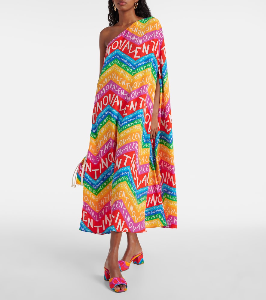 Valentino Logo one-shoulder silk midi dress